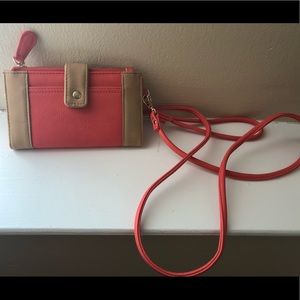 coral and tan wallet/crossbody